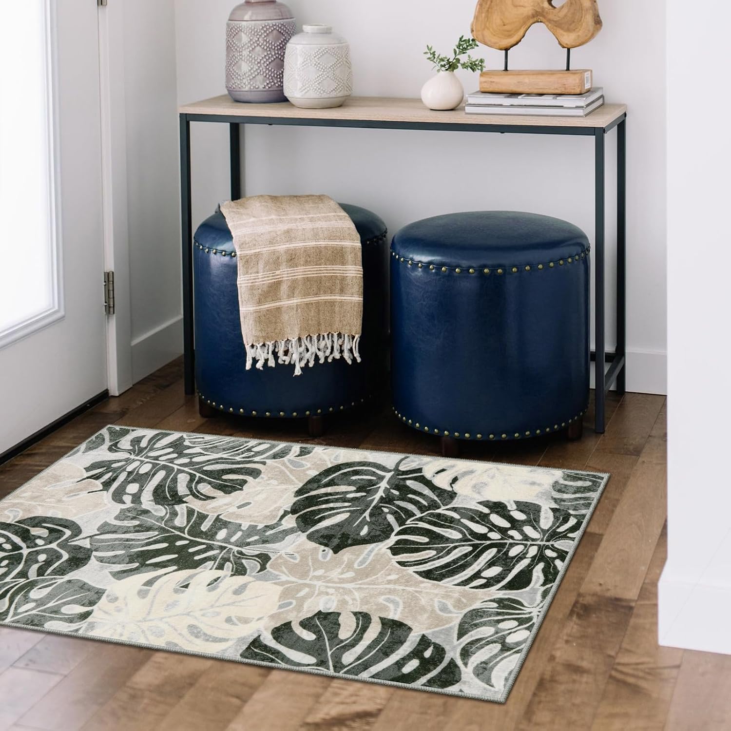Wonnitar 2x3 Leaf Entryway Rug, Washable Small Indoor Rug for Front Door Entry, Non-Slip Tropical Monstera Kitchen Carpet Soft Low Pile Bath Mats for Bedroom Bathroom, Dark Jungle Green