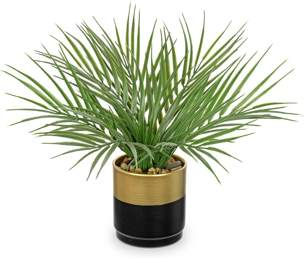 Hollyone Large Artificial Potted Plants Fake Palm Plants 13" Faux Tropical Palm Plant Tree in Gold and Black Metal Pots for Home Room Office House Indoor Decoration