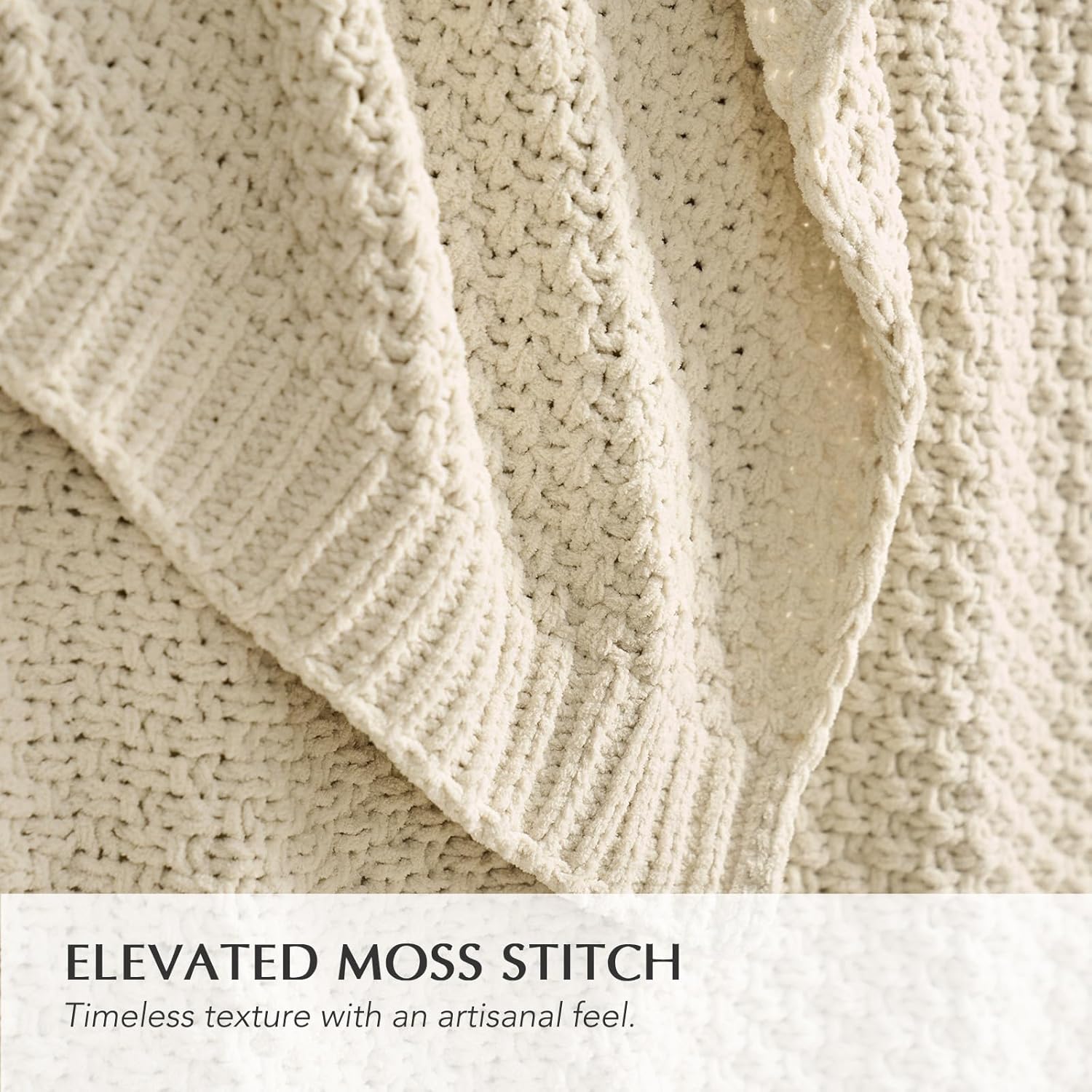 EVERGRACEHOME Chunky Chenille Knit Throw Blanket for Couch, Soft Luxurious Oversized Queen Moss Stitch Blanket for Bed, Large Cozy Farmhouse Knitted Throw for Sofa, Beige, 90" x 90"