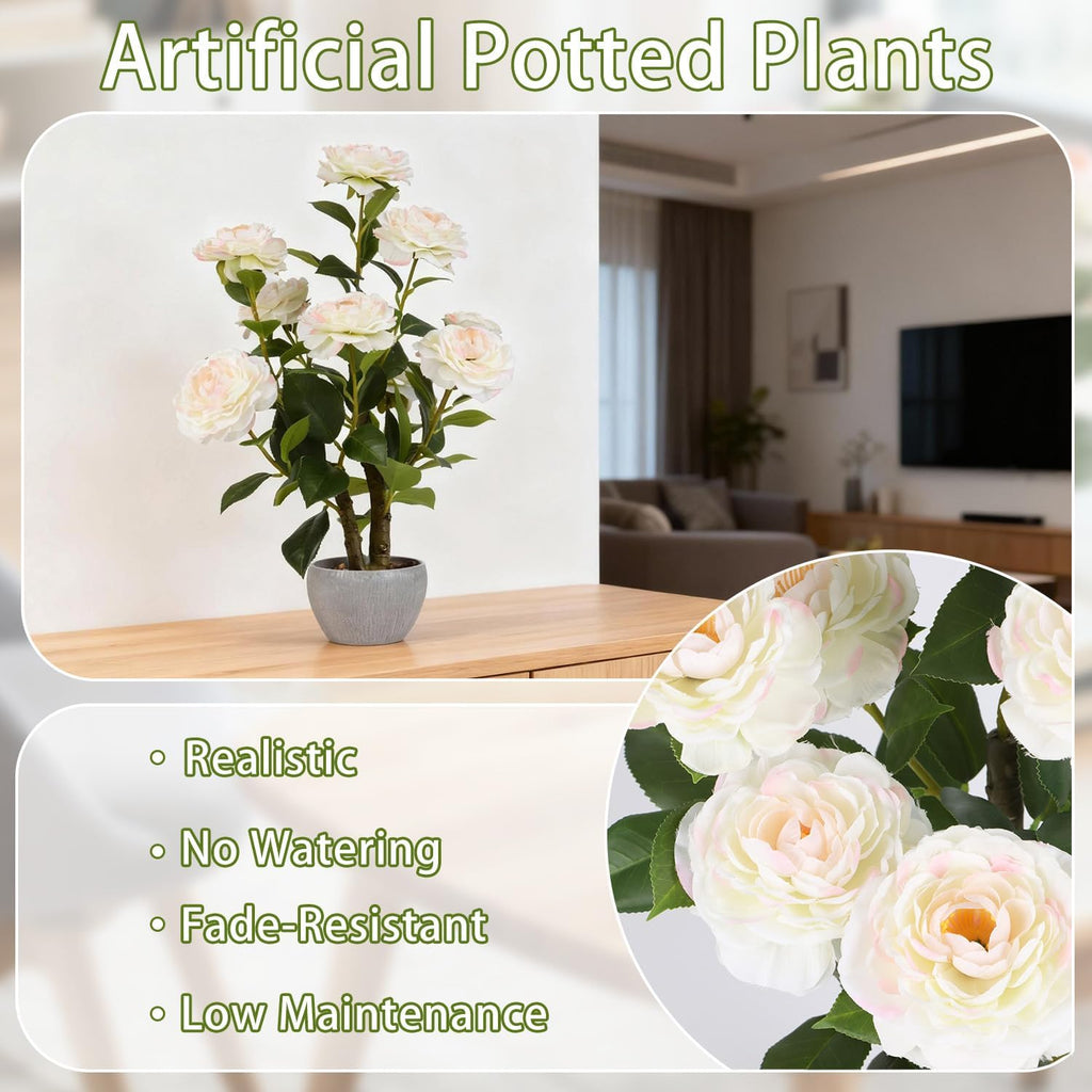 TOARTi Artificial Camellia Potted Plant with Stone Pot, 20.5" Tall Fake Potted Flowers Faux Desk Plant, Realistic Decorative Plants Indoor Decor for for Home Bedroom Bathroom Office Desk