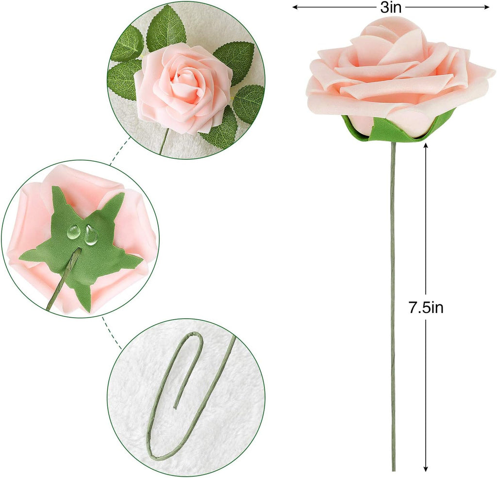 AmyHomie Artificial Flower Blush Pink Rose 25pcs Real Looking Fake Roses w/Stem for DIY Wedding Bouquets Centerpieces Arrangements Party Baby Shower Valentines Day Christmas Tree Decorations