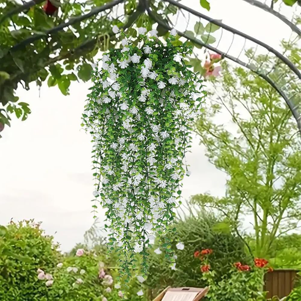 Artificial Hanging Flowers for Outdoor Indoor Decor, 6 Packs Fake Eucalyptus Vine Faux Flower Greenery Garland Plastic Plants Outside Wall Garden Wedding Home Party Decor (White)