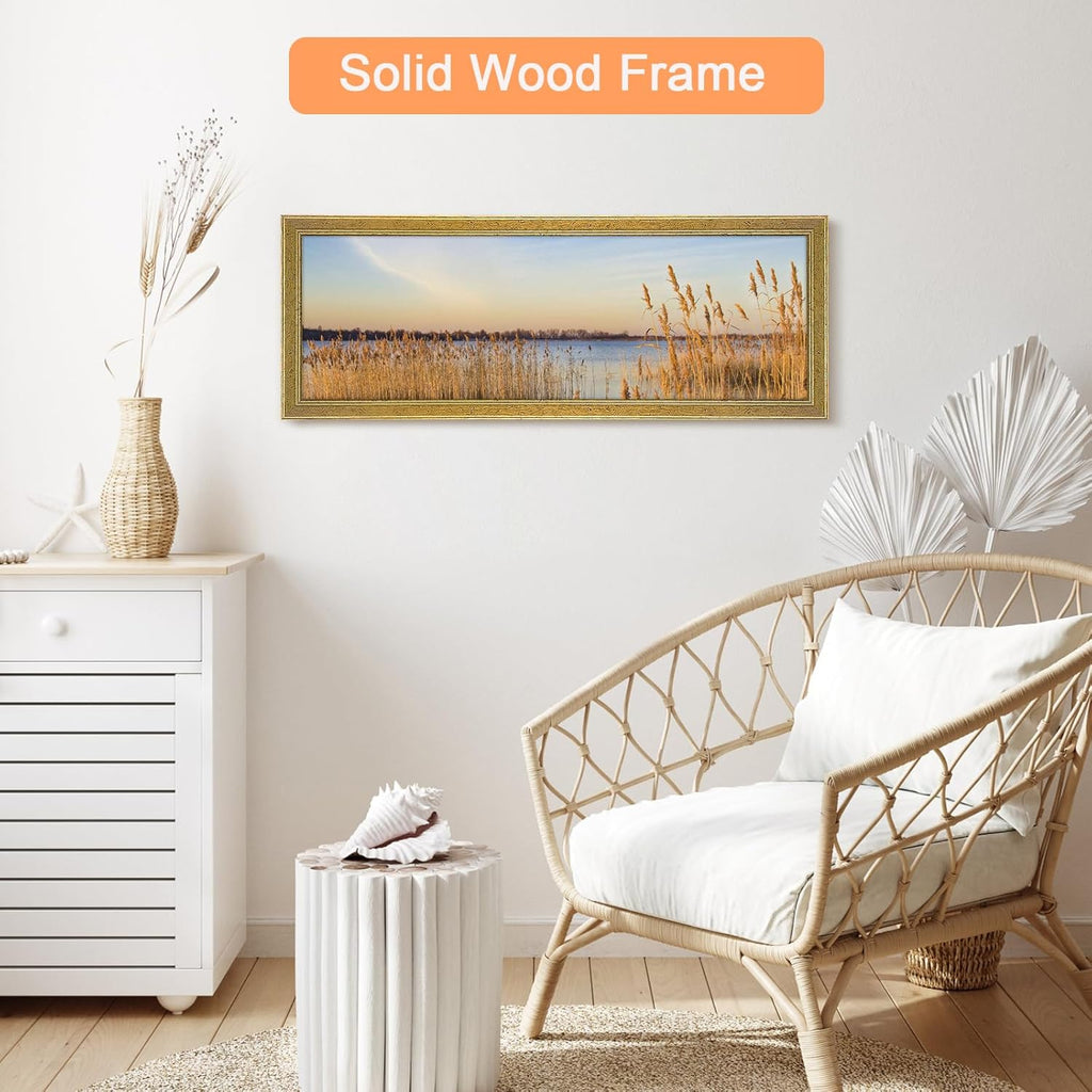 Wood 5x15 Frame Gold, Ornate Natural 15x5in Poster Picture Frame, Modern Golden 5 x 15inch Gallery Wall Photo Frame with HD Plexiglass, Horizontal Vertical Wall Mounting Display 1pcs