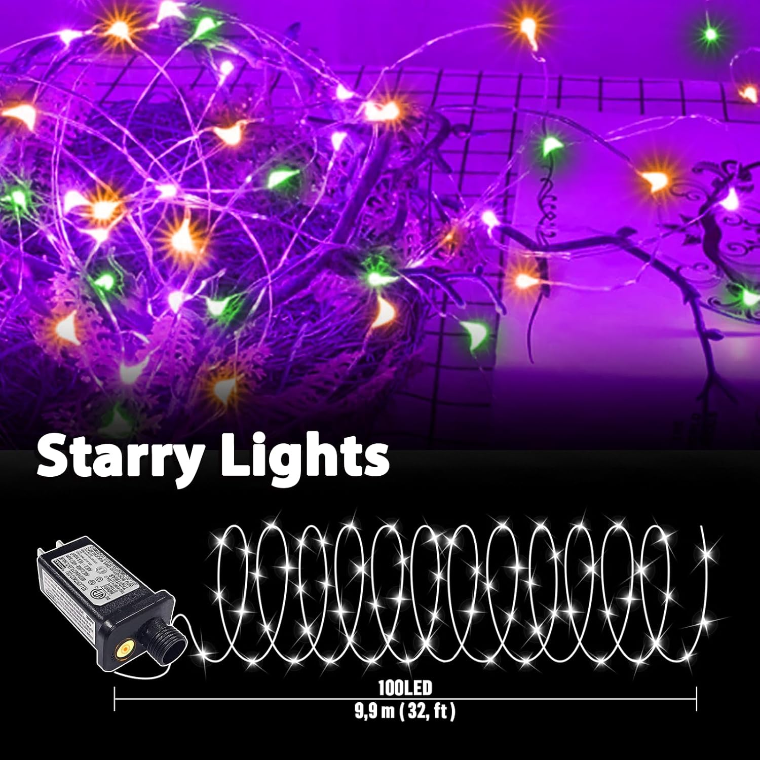 LAMPHOME Halloween Fairy Lights Plug in, 33Ft 100 LEDs Waterproof Twinkle Firefly Lights, Adaptor Included, Starry String Lights for Wedding Indoor Outdoor Christmas Patio Garden, Orange Purple Green