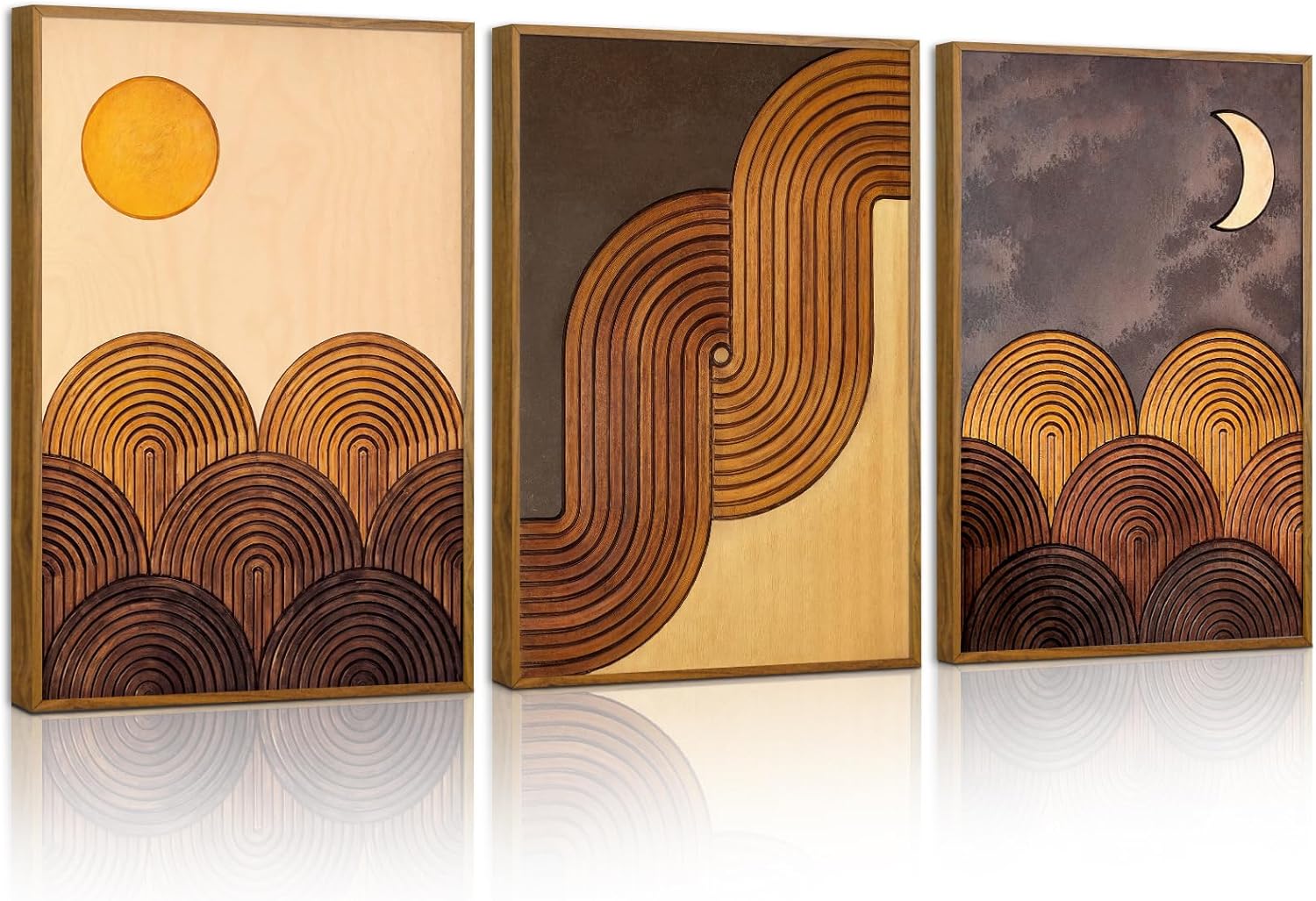 Tinonedraw Boho Mountain Framed Canvas Wall Art Set, Mid Century Modern Geometric Line Wall Decor, Bohemian Sun and Moon Art Paintings, Beige Brown Wooden Artwork for Living Room Bedroom Office 16"x24"x3