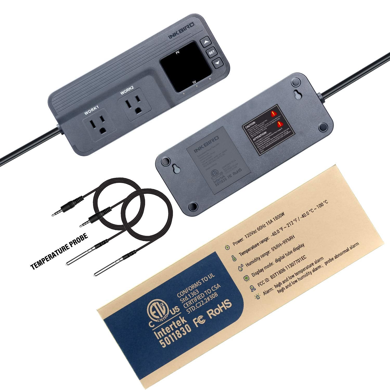 Inkbird ITC-608T Temperature Controller with Dual Temperature Sensor AC Dual Stage Outlet Thermostat with 12 Period Time Stage 1800W ETL Listed