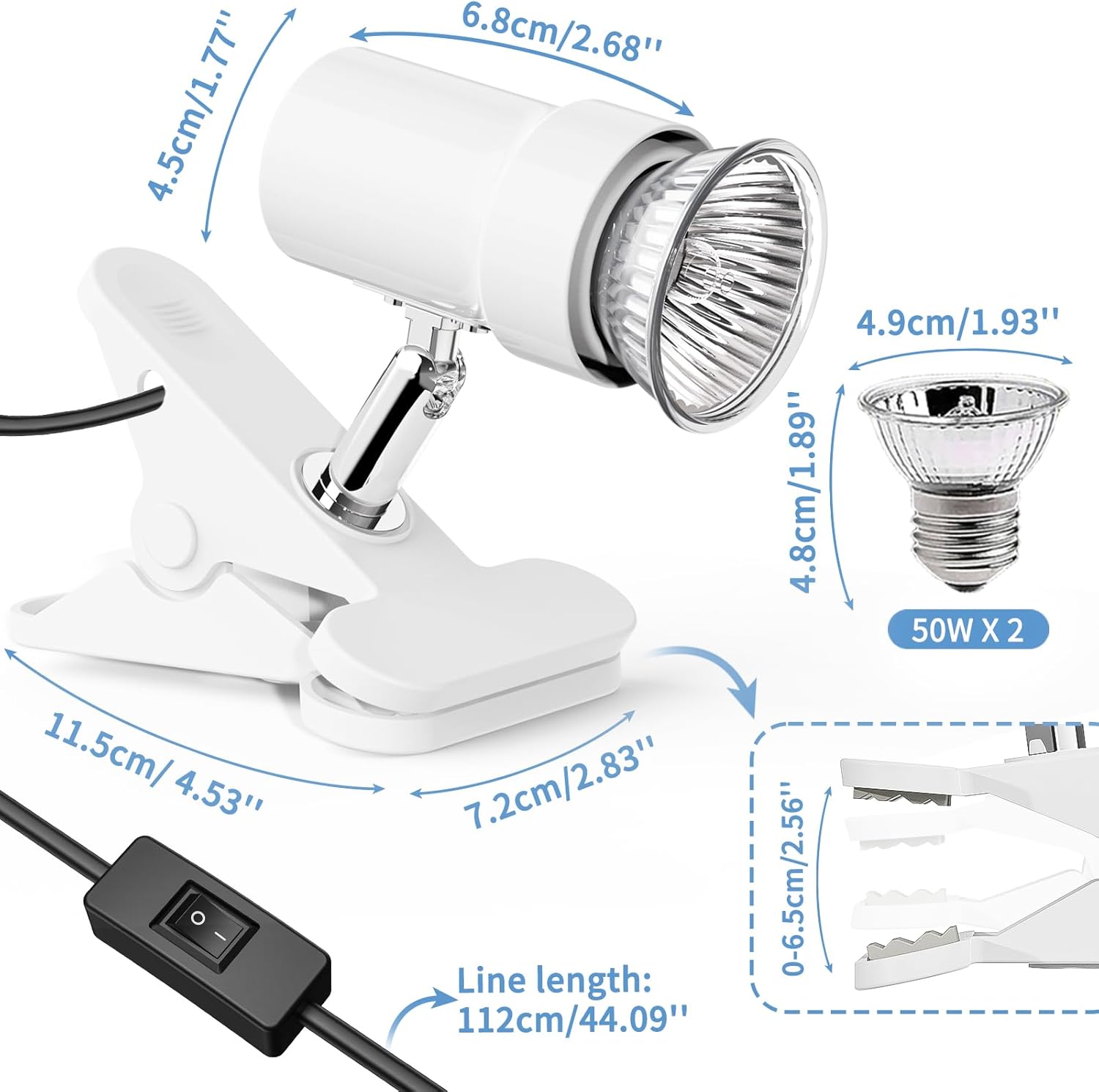 Reptile Heat Lamp, Rotatable UVA/UVB Light Lamp with 2PCS 50W Basking Bulbs, Suitable for Reptiles, Amphibians, Turtle, Lizard, Spiders, Birds, Snake (White)