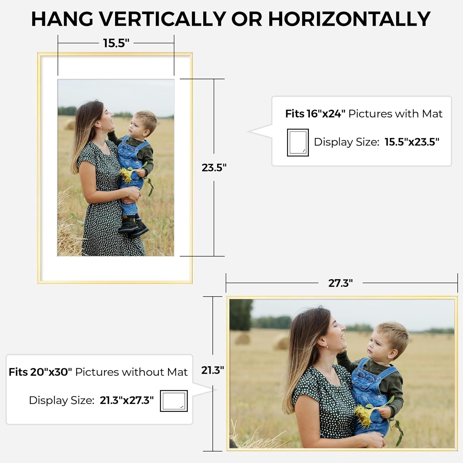 RICHFOCUS Aluminum Picture Frame - 20x30 Gold Metal Frame with Mat for 16x24 Photo, Floating Frame with Tempered Glass - Poster Frame Wall Hook Included for Gallery Wall