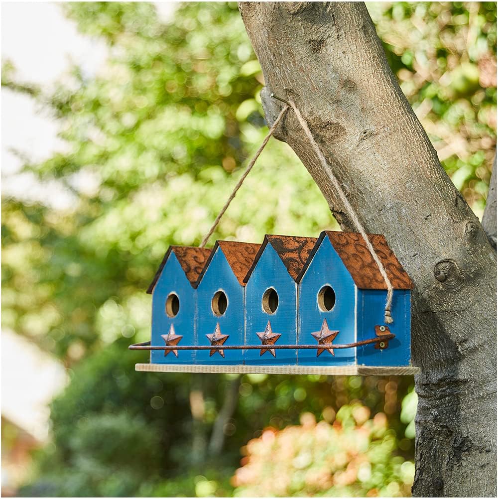 Glitzhome 17" L Retro Blue Distressed Solid Wood Birdhouse with Perch Garden Hanging Bird House for Outdoors