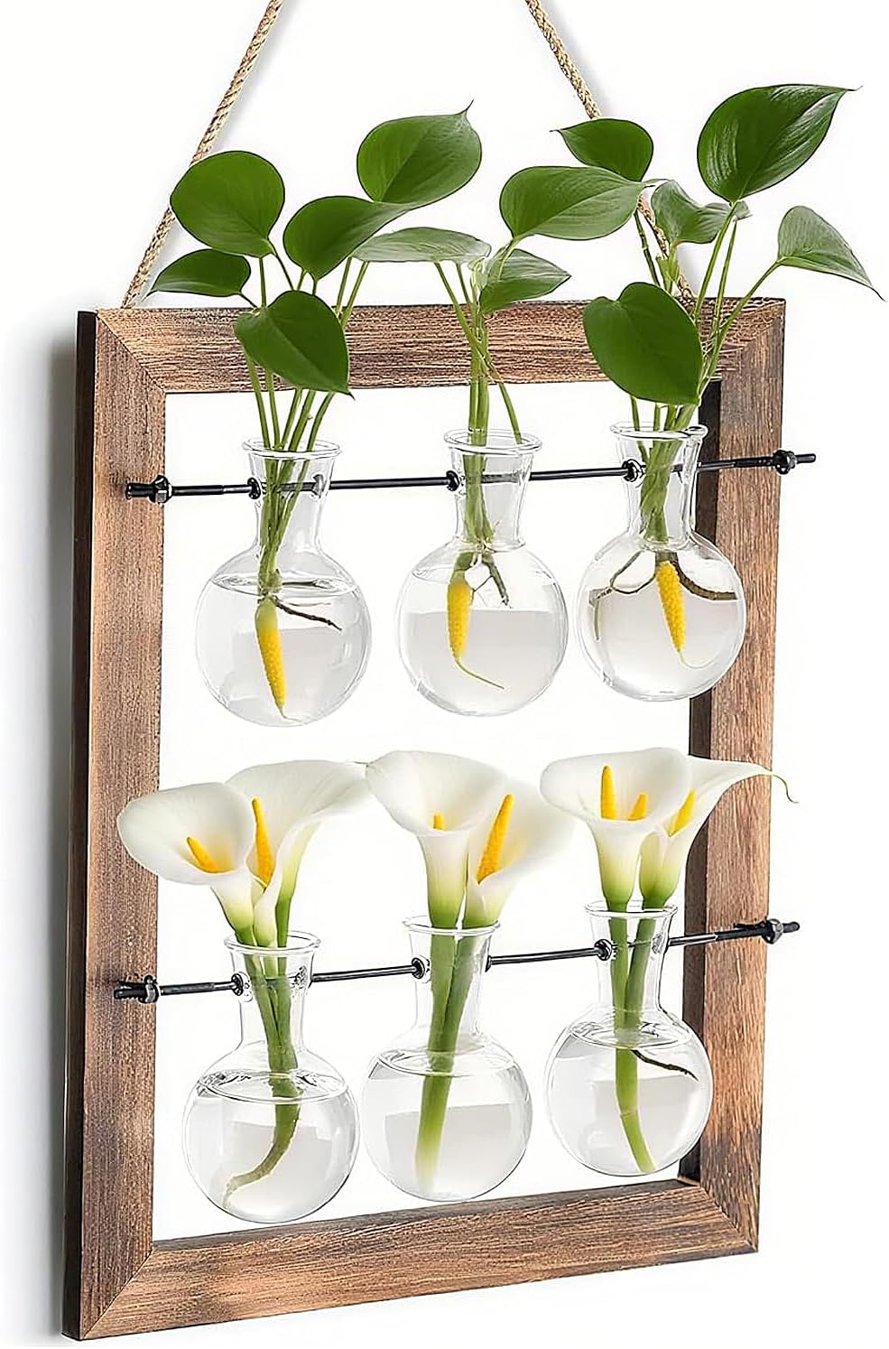 Elsjoy Wall Hanging Glass Planter, Double Layer Plant Terrarium Propagation Station, Mini 6 Bulb Vase with Wooden Stand and Rope for Hydroponics Plants, Home Decor, Indoor Outdoor
