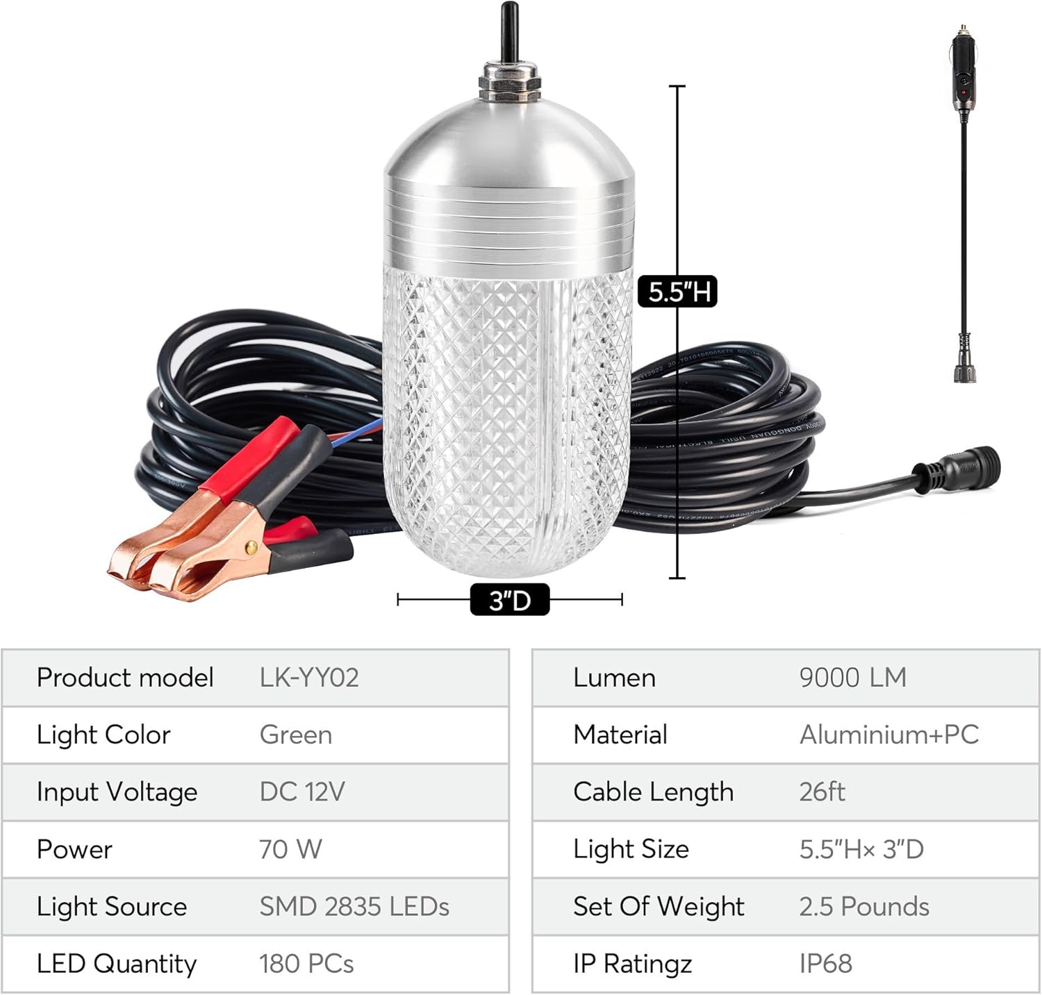 Luckerain Underwater Fishing Light 70W 150W High Bright LED 9000LM 20000LM Submersible Fish Attracting Light for Docks, Boats or Kayaks, Rust-Proof IP68 Waterproof