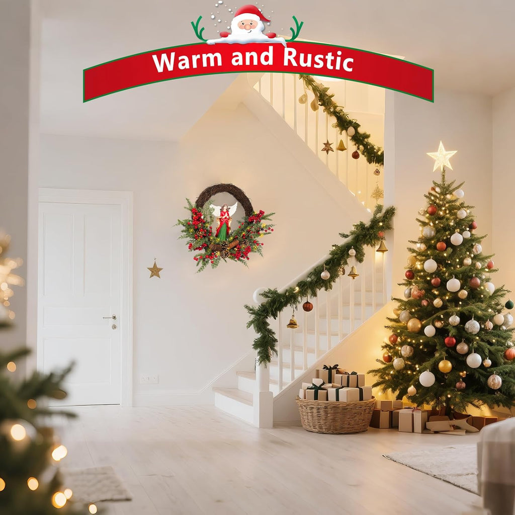 Christmas Wreath Artificial Wreath with a Natural Resin Angel and Red Berries, Suitable for Luxurious Indoor and Outdoor Home Decoration