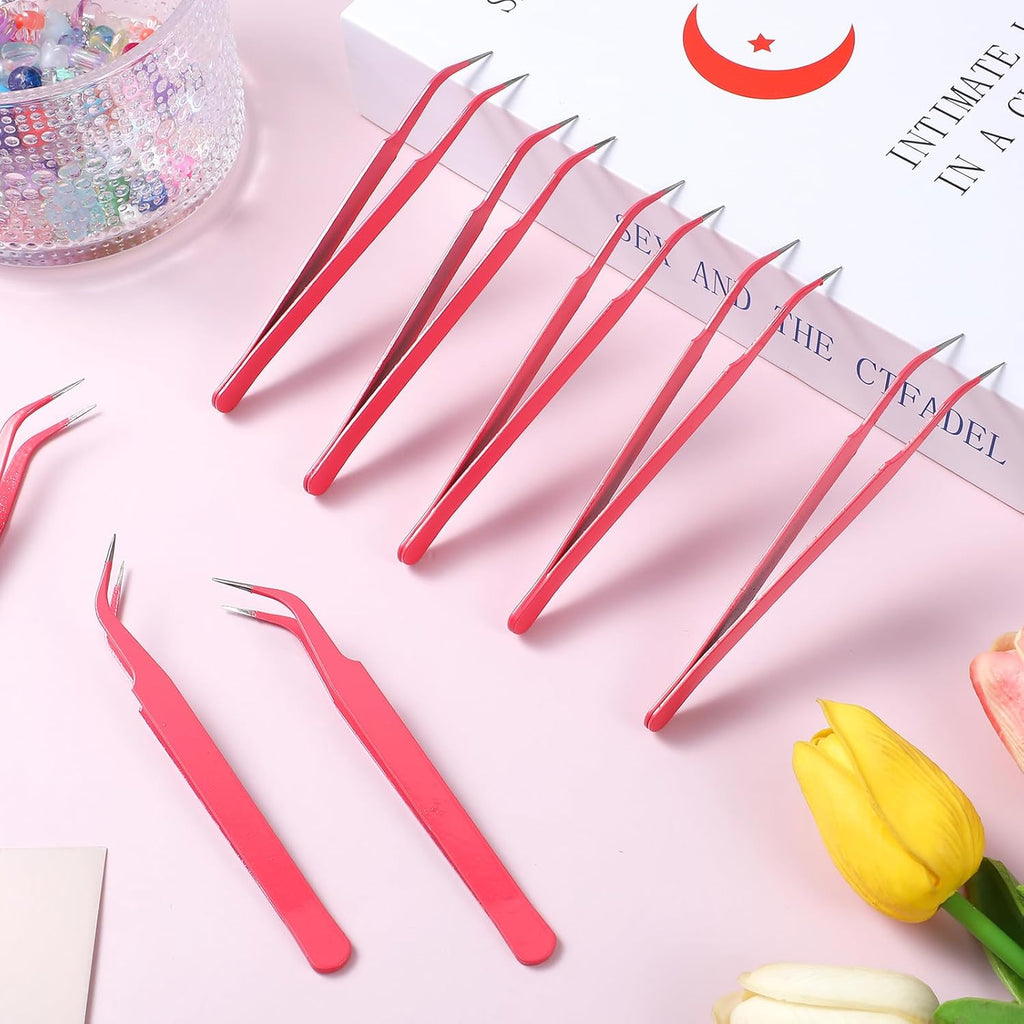 10 Pieces Tweezers for Crafting, Stainless Steel Curved Pointed Tweezers Precision Tweezer with Protective Cover for Eyelash Extensions Stickers Rhinestones Crafts (Rose Red)