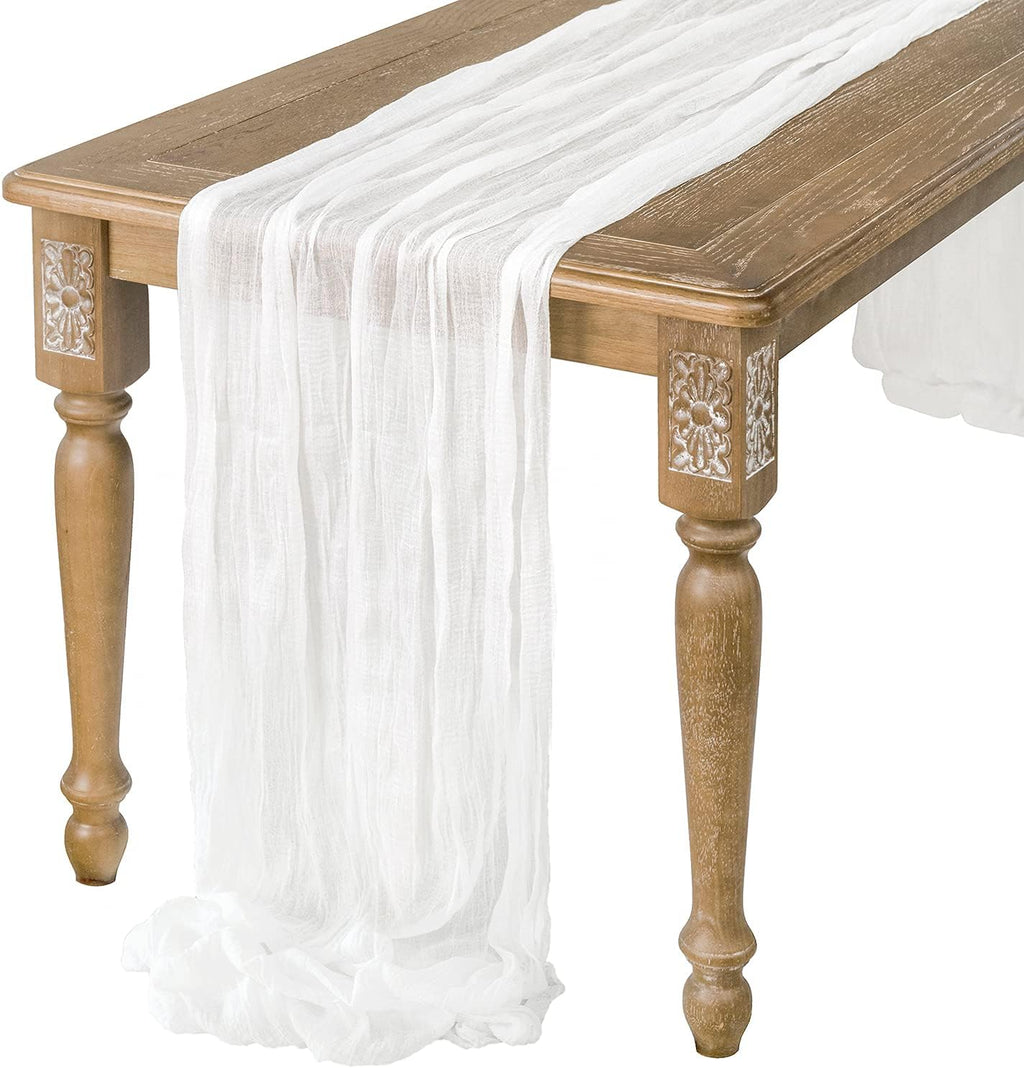 Ling's Moment 10Ft x 35" Wide Brilliant White Gauze Semi-Sheer Table Runner Cheesecloth Tablecloth for Wedding Party Bridal Shower Boho Table Decor