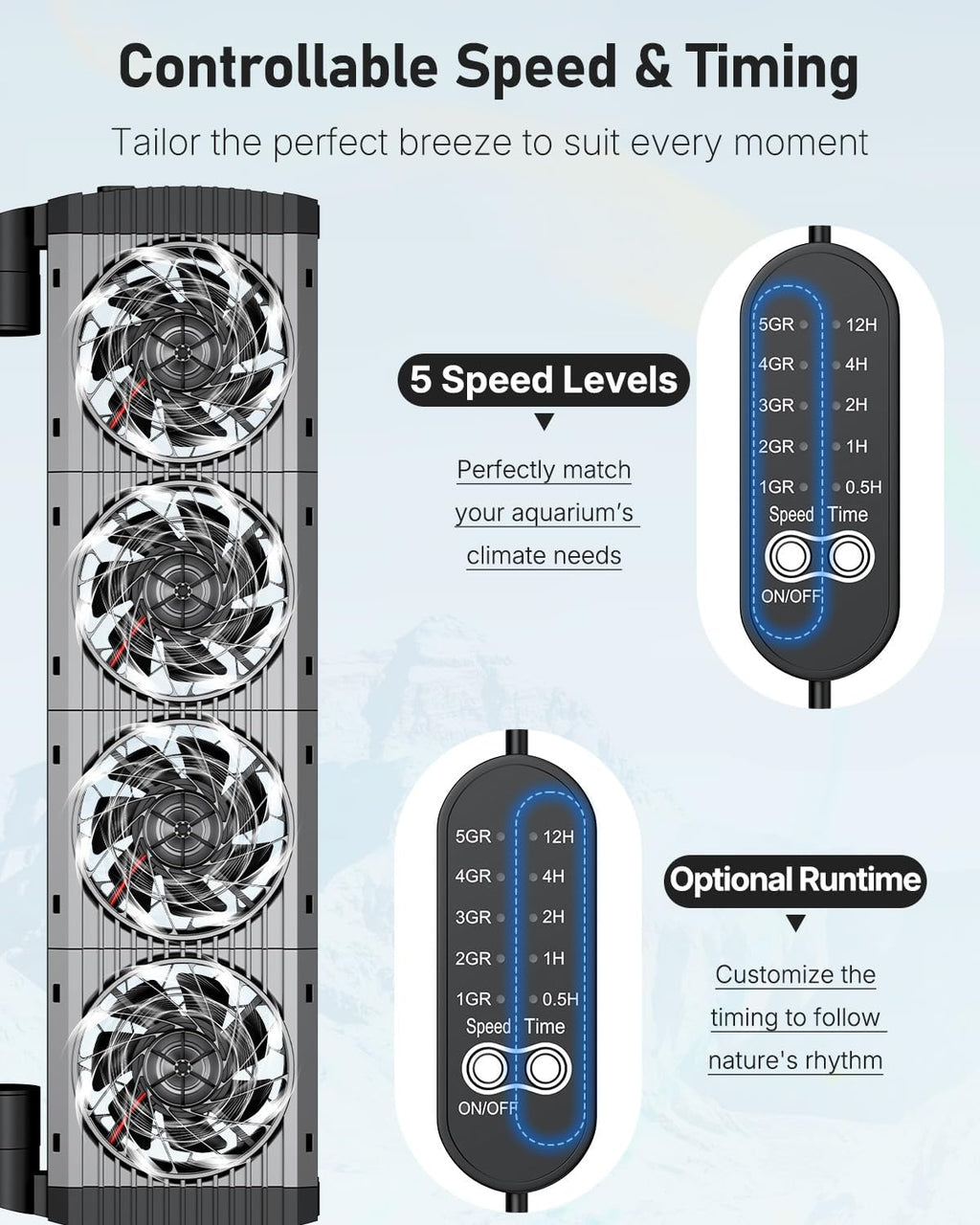 Pawfly Aquarium Chiller Fan, Fish Tank Cooling Fans with 5 Speed Modes & Timer, Terrarium Fan Water Chiller for Freshwater and Saltwater Tanks