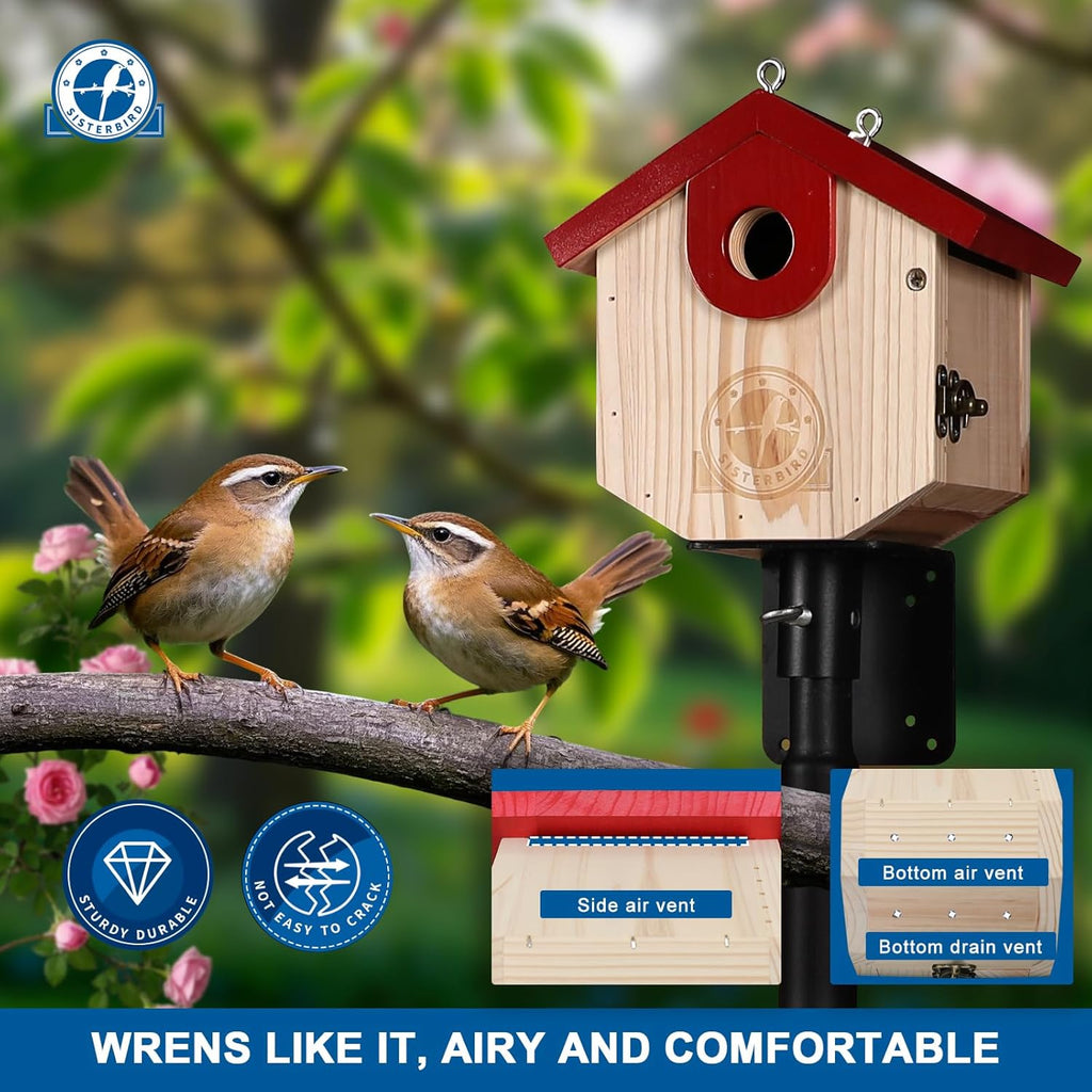 Wren Bird Houses for Outside Cedar Hanging Birdhouses for Outdoors 1-1/8" Entrance Hole Bird Houses for Outside Clearance Wooden Nesting Box Chickadee Predator Guard, Red