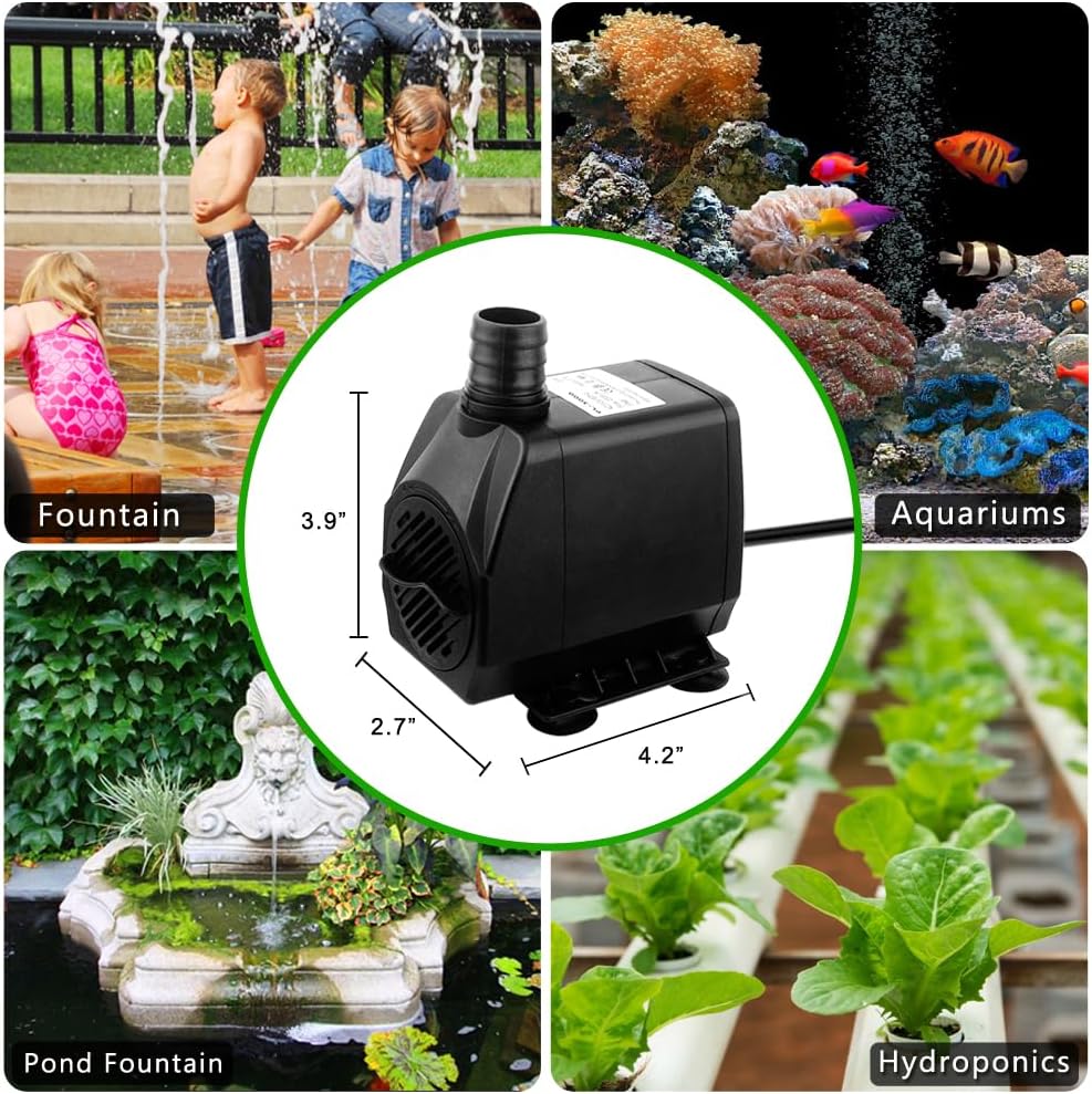 PULACO 800GPH（Large Flow: 3000L/H） Submersible Water Pump with 6.5 ft Tubing, 45W durable fountain water pump 4 Nozzles for Pond Fountain, Aquariums Fish Tank, Statuary, Hydroponics