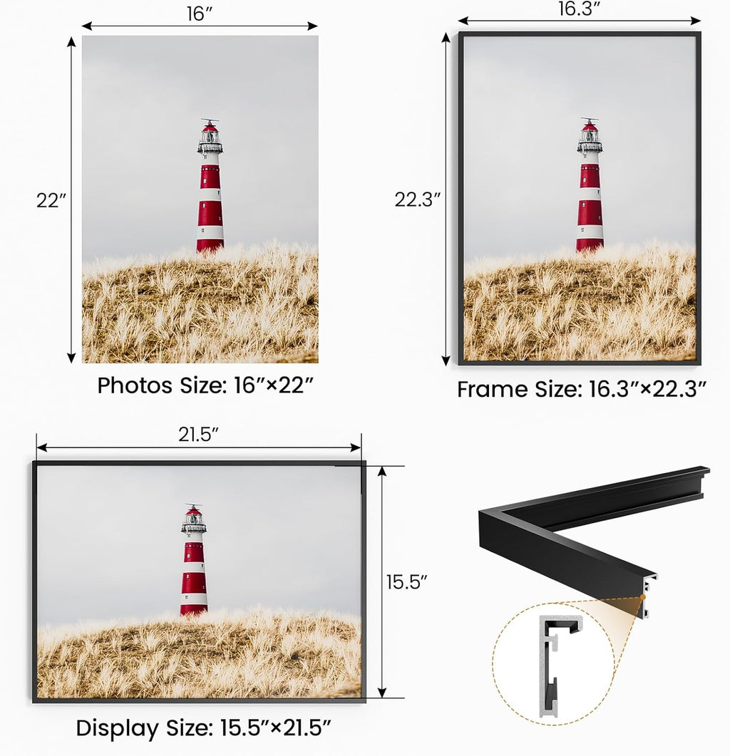 16x22 Aluminum Metal Picture Frame,Tempered Glass Black 16 x 22 Poster Frame for Puzzles Photos or Artwork for Wall Gallery Mount Horizontal or Vertical Decor Home,Office,Hotel