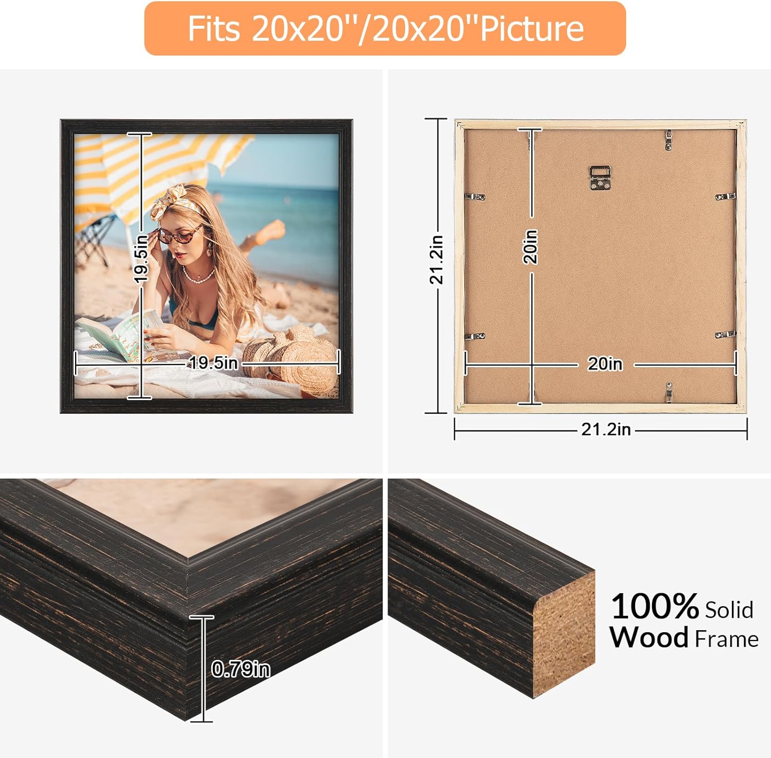 20x20 Wood Frame Black, Rustic Natural Wooden 20x20in Poster Picture Frame, Distressed 20 x 20inch Woodgrain Gallery Photo Frame with HD Plexiglass, Horizontal Vertical Wall Mounting Display 1pcs