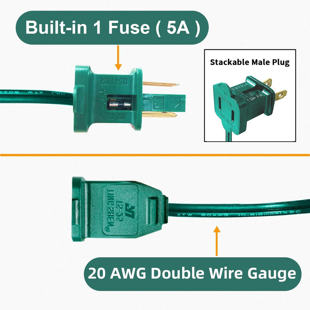 3 Pack 2 Prong Polarized Extension Cord Green Extension Cord 6 Feet with Stackable Unpolarized Plug, 5A 120V 432W, for Connect/Extend Indoor Outdoor Christmas Lights String (18 Feet)