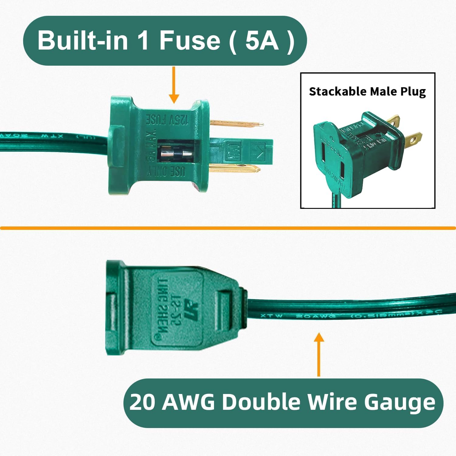 3 Pack 2 Prong Polarized Extension Cord Green Extension Cord 6 Feet with Stackable Unpolarized Plug, 5A 120V 432W, for Connect/Extend Indoor Outdoor Christmas Lights String (18 Feet)