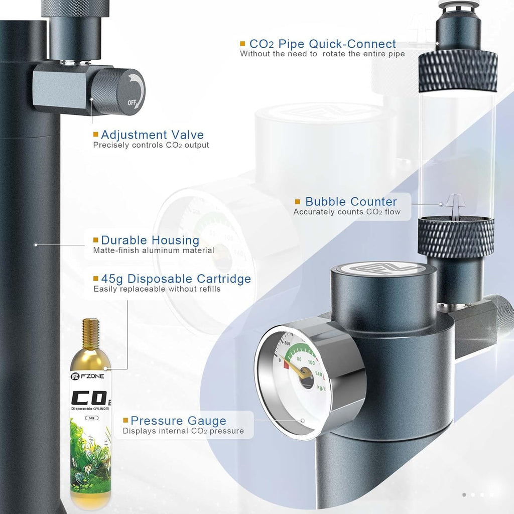 FZONE Desktop Aquarium CO2 System, CO2 Regulator with 45g Disposable CO2 Cartridge, Compatible with 5/8" and 3/8" Threaded Interfaces, Perfect for Nano Aquariums