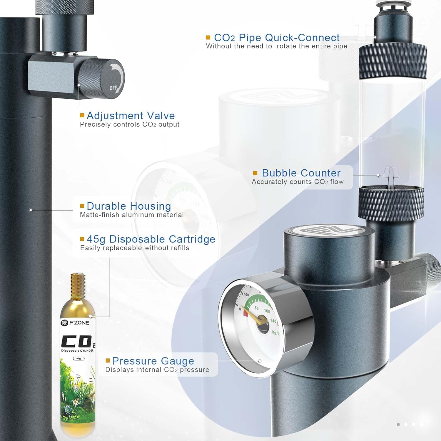 FZONE Desktop Aquarium CO2 System, CO2 Regulator with 45g Disposable CO2 Cartridge, Compatible with 5/8" and 3/8" Threaded Interfaces, Perfect for Nano Aquariums