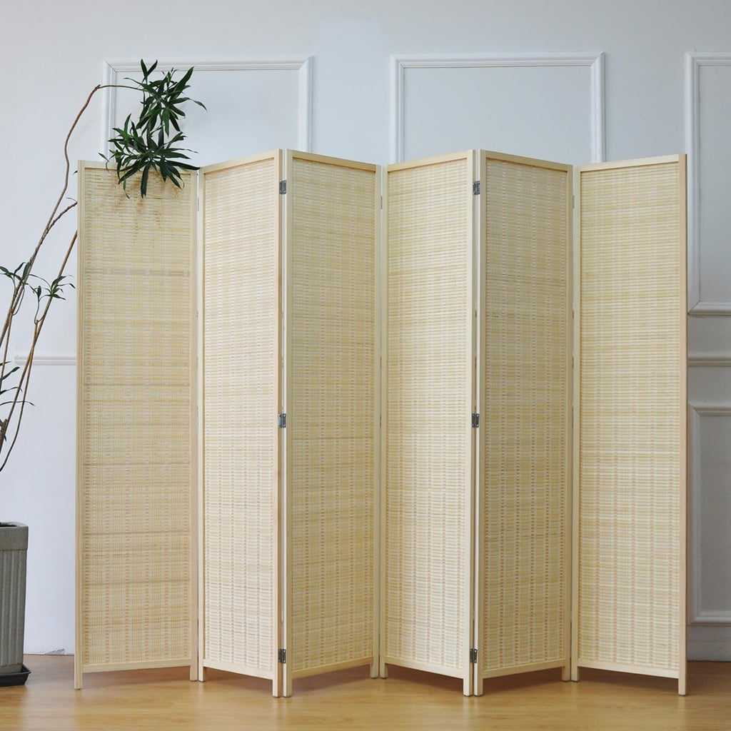 6 Panel Folding Room Divider Screen, Bamboo, for Separation, Beige, 67" H x 92.1" W