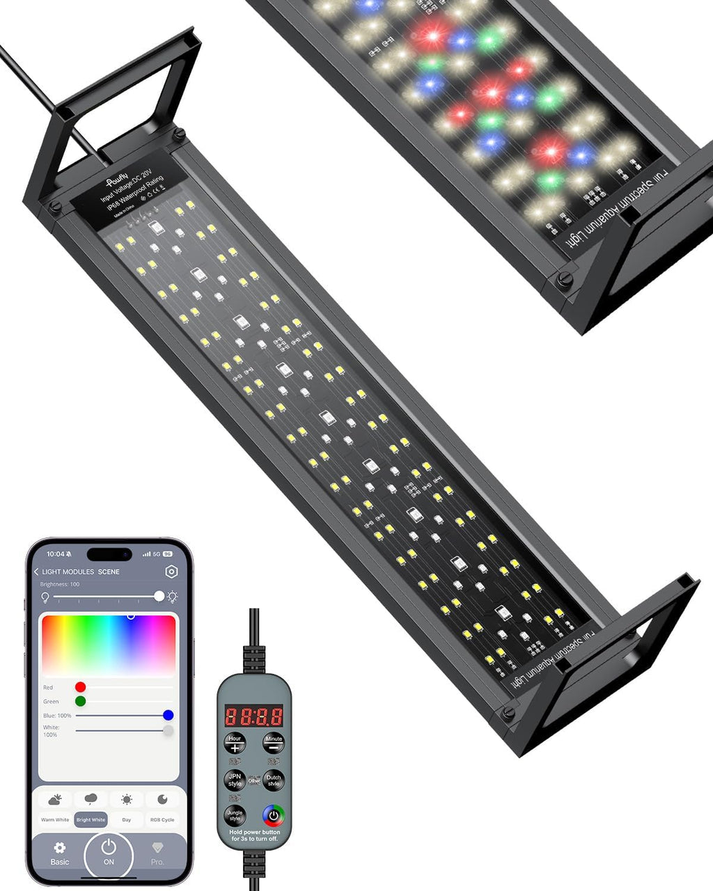 Pawfly Aquarium Light for Plants, 20 W Bluetooth Fish Tank Light, Full Spectrum Aquarium Lights for 18"-24" Fish Tanks, Extendable 24/7 LED Lights with Timer Modes & Adjustable Brightness