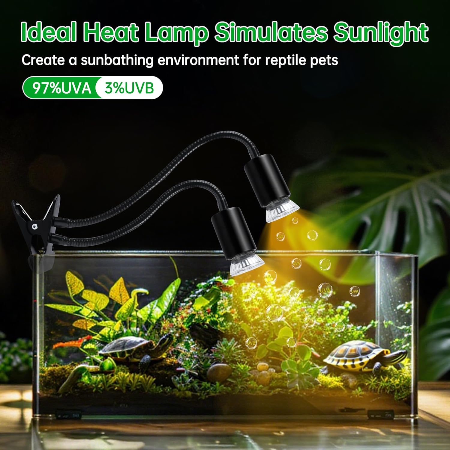 LUCKY HERP Reptile Heat Lamp, Dual Head UVA UVB Reptile Light with Cycle Timer, 360°Rotatable Dimmable Aquarium Turtle Tank Basking Light with 4 Bulbs (2PCS 25W and 2PCS 50W)