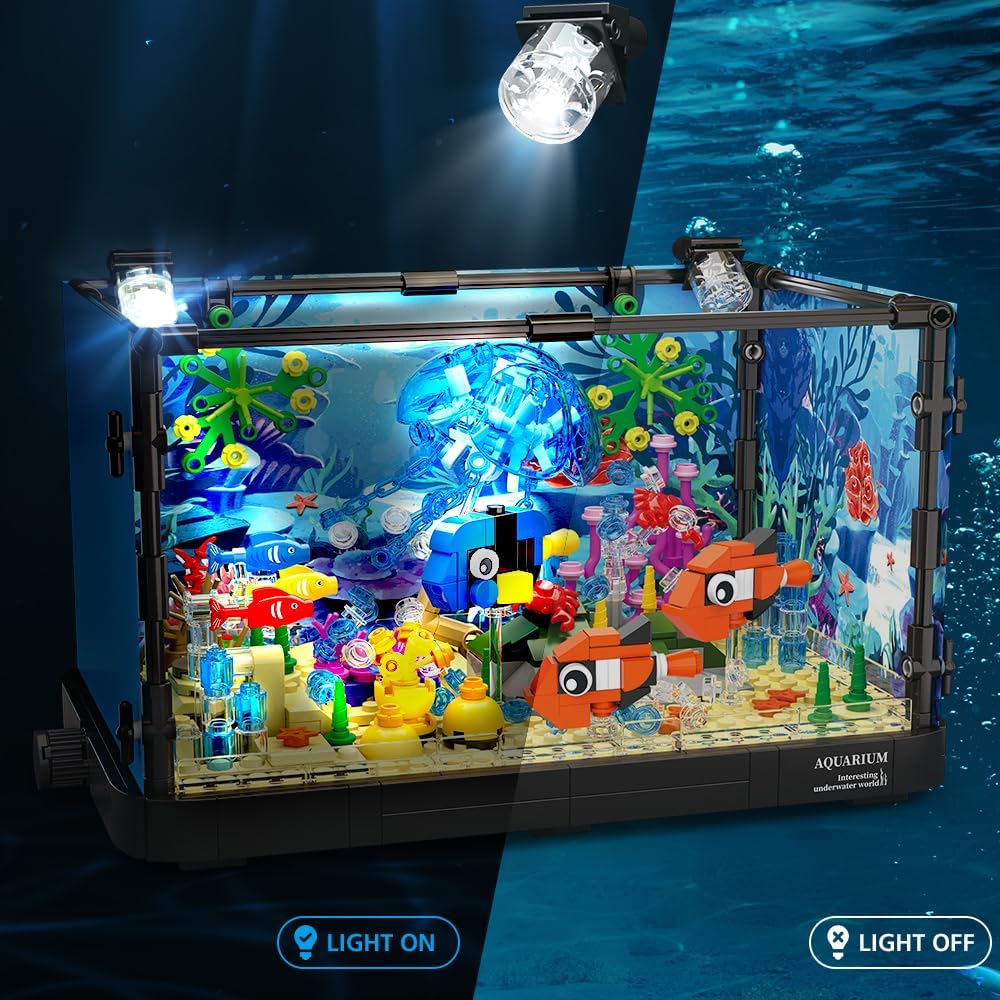 HOGOKIDS Fish Tank Building Set with LED Light - Movable Aquarium Building Toys for Adults Kids | 725PCS Creative Aquarium Toy with Jellyfish, Fish Animal Educational Gift for Boys Girls Age 8-14