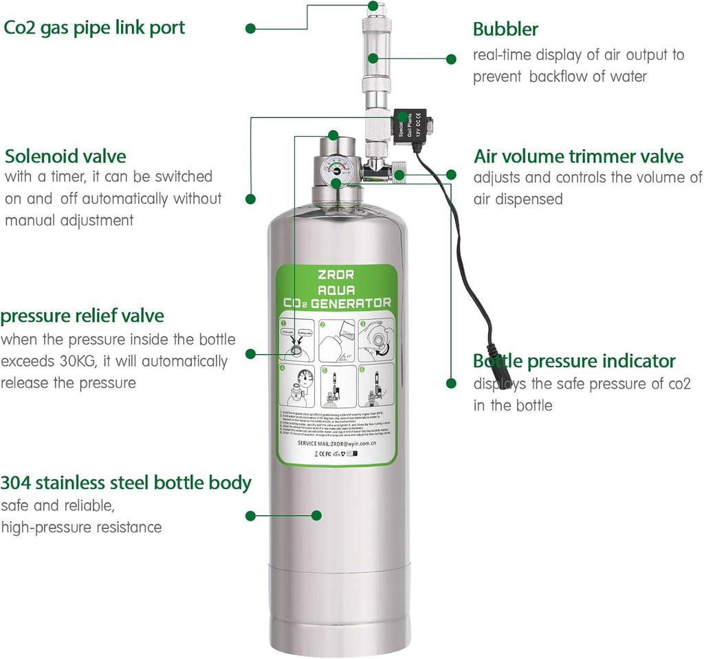 ZRDR 2L Co2 Generator System with Pressure Gauge Automatic Pressure Relief Valve Bubble Counter for Aquarium Plants，Stable Output