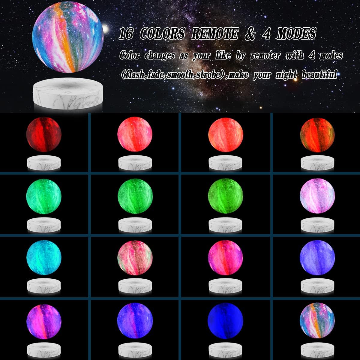 VGAzer Levitating Moon Lamp,Floating and Spinning in Air Freely with 3D Printing LED Moon Light Has 16 Colors 20 Modes for Unique Christmas Gifts,Room Decor (Marble Base 16 Colors Galaxy Moon)