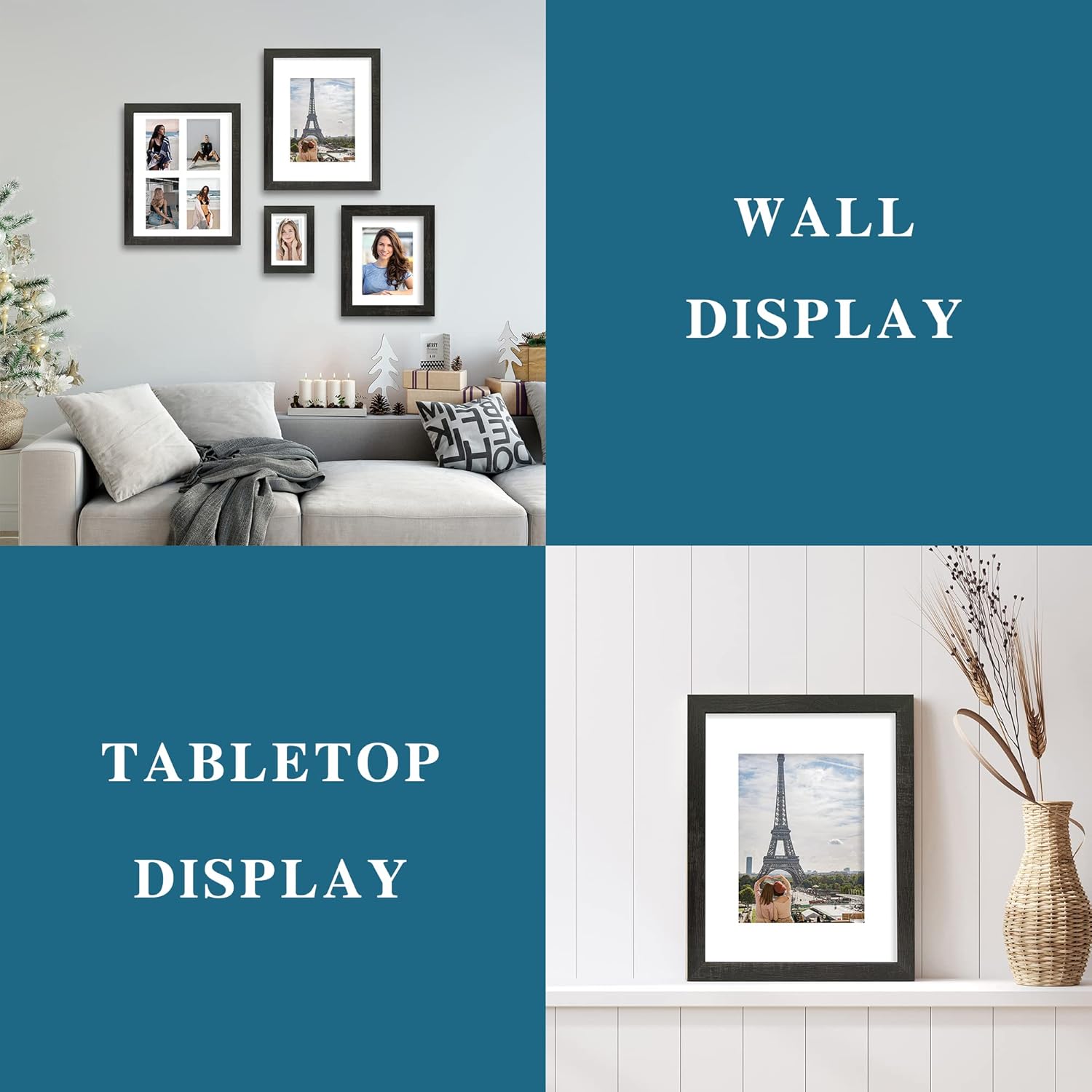 8x10 Picture Frame Set of 4, Made of Real Glass and Rustic Black Wooden Frame, 8 by 10 Photo for Wall or Tabletop - Display Picture 5x7 with Mat or 8x10 Without Mat