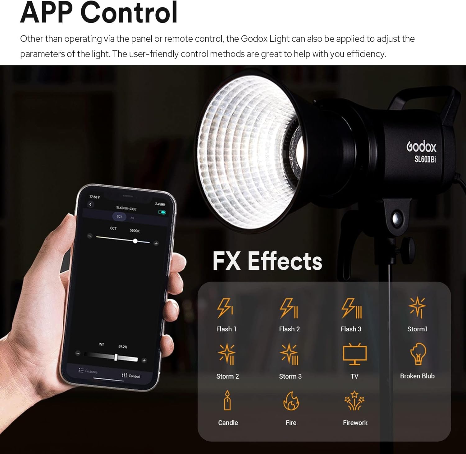 Godox SL60IIBi Bi-Color LED Video Light, 75W 2800K-6500K 25100Lux@1M CRI 96+ TLCI97+ Bowens Mount Photography Continuous Light, 11 FX Effects Studio LED Light with APP Control