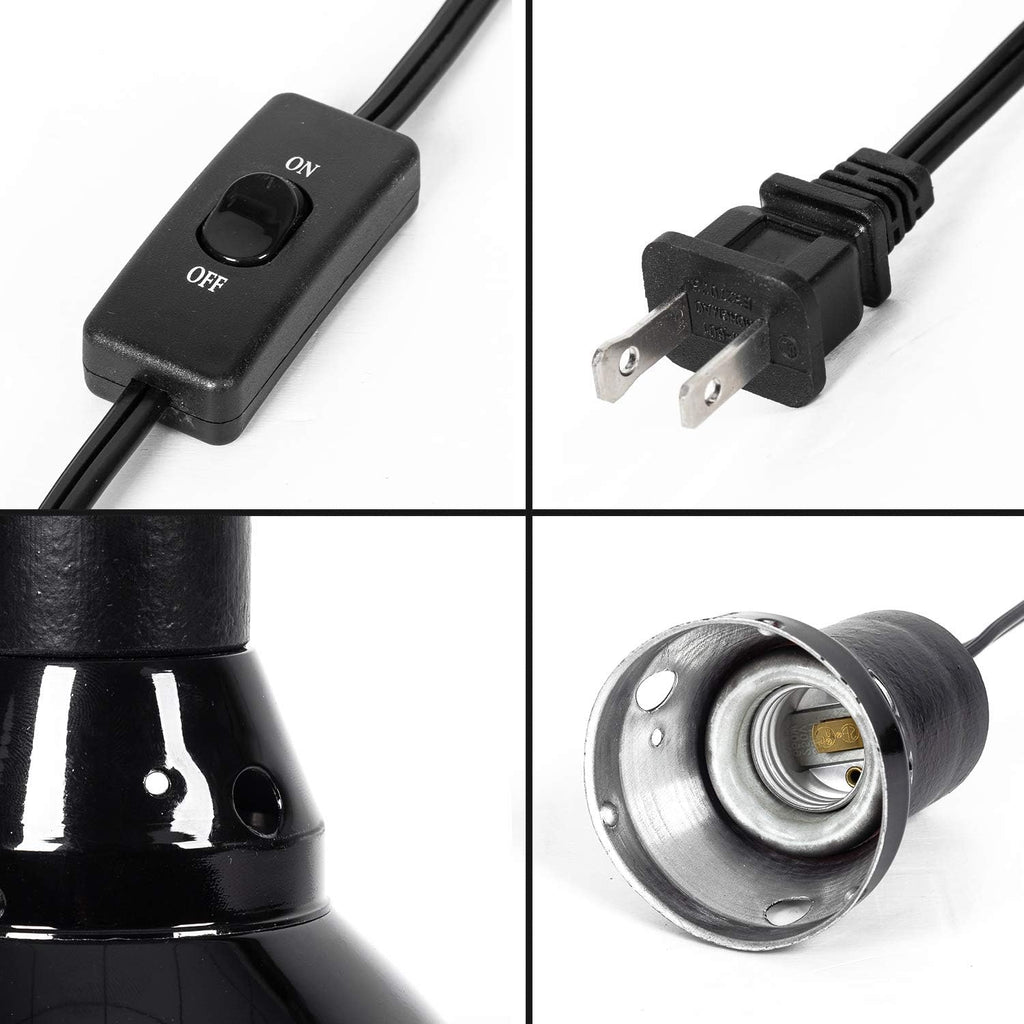 REPTI ZOO 8.5 inch Reptile Light Fixture 200W 2 in 1 E26 Base with Removable Ceramic Socket with On Off Toggle Switch in Black,Aquarium Dome Reptile UVB Light Socket Fixture (Without Bulbs)