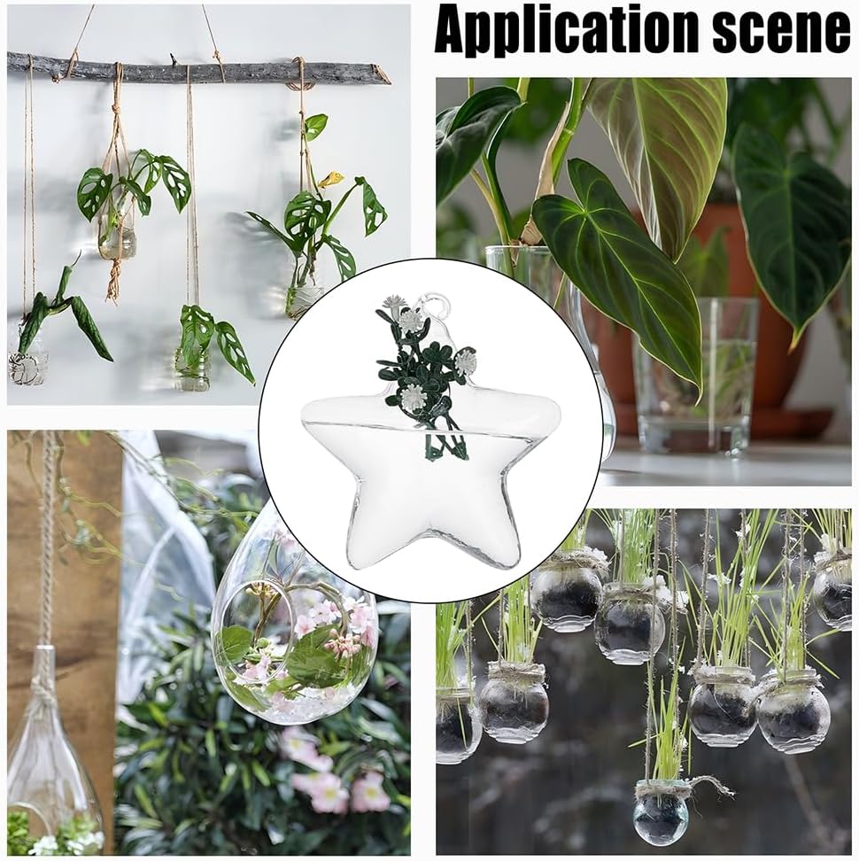 4pcs Glass Hanging Planter Air Fern Holder Hanging Hydroponic Vases with Jute Rope Terrarium Plants Hanger Vase Succulent Planter Terrariums for Moss Air Plants Christmas Decor (Star)