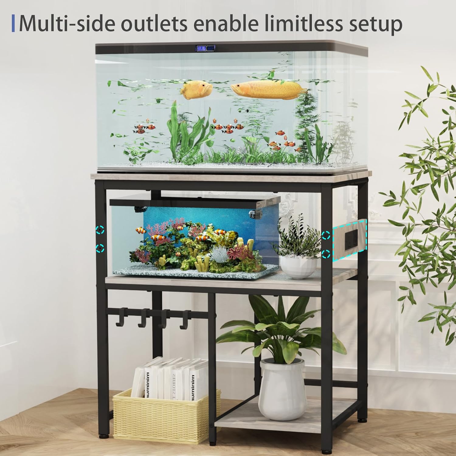 TFK 20-29-37 Gallon Fish Tank Stand, 3-Tier Aquarium Stand with Power Outlet Reptile Tank Stand Heavy Duty Terrarium Stand for Home Office, Gray