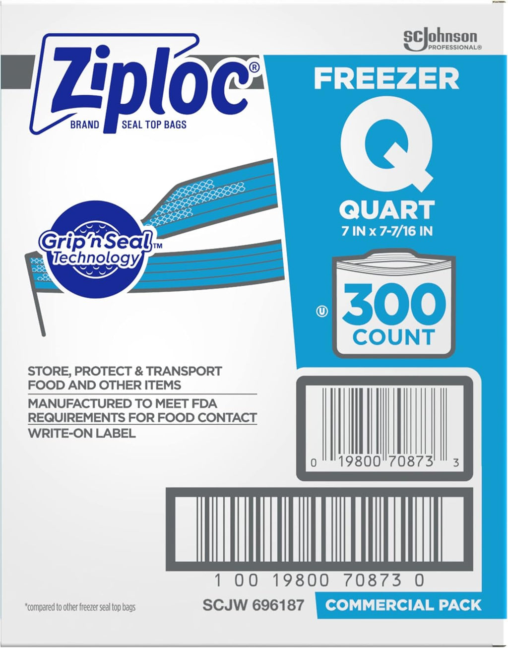 SC Johnson Professional Ziploc Quart Food Storage Freezer Bags, Grip 'n Seal Technology for Easier Grip, Open, and Close, 300 Count