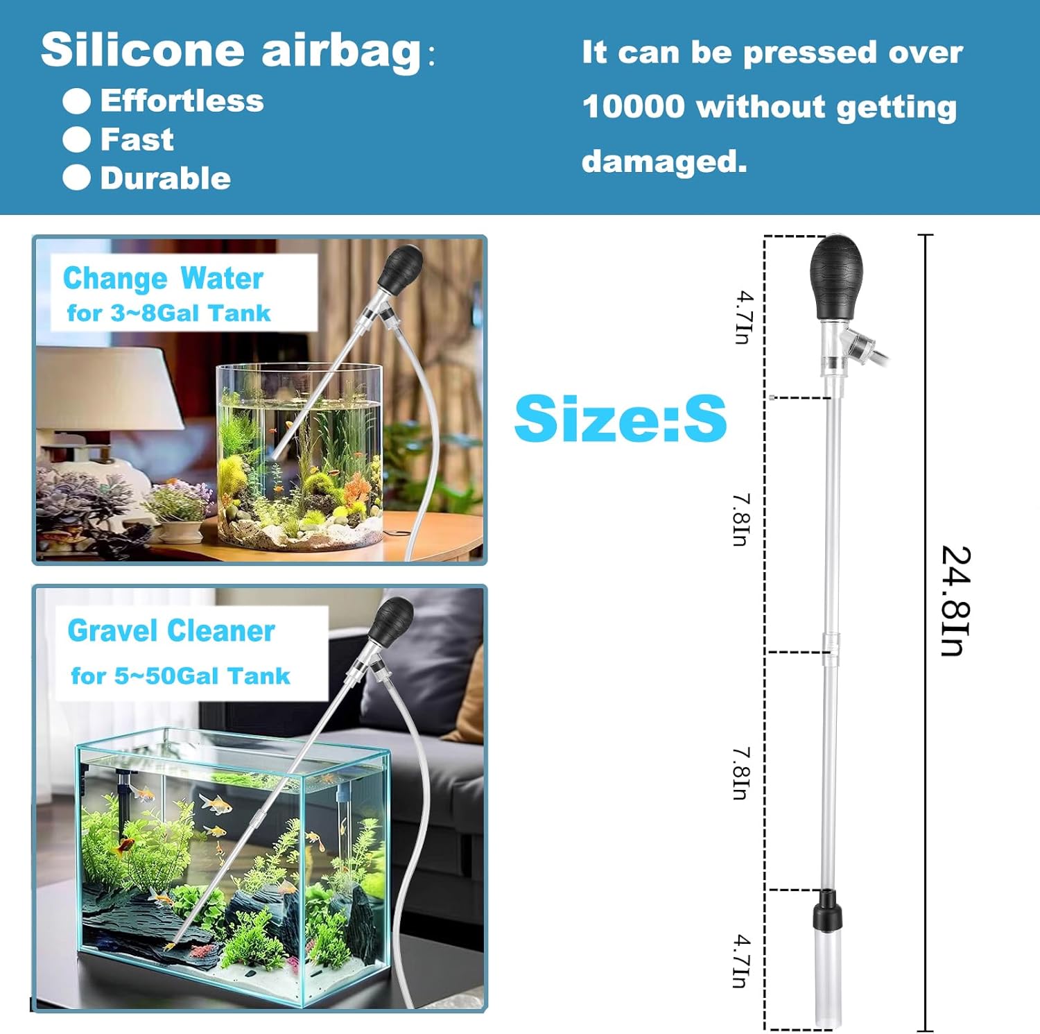 Carefree Fish Aquarium Small Gravel Cleaner 6Ft Hose Silicone Airbag Fish Tank Water Changer Gravel Vacuum Adjustable Length ABS(for 3~8Gal Tank)