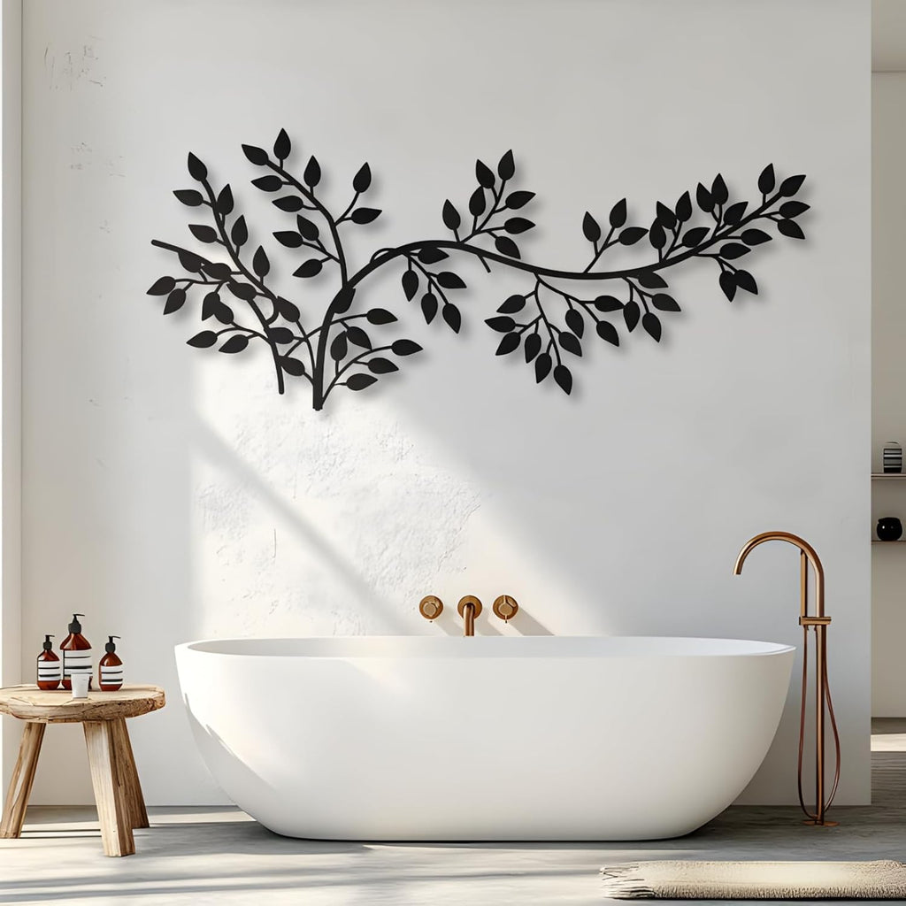 Elegant Metal Tree Wall Art Decor,Modern Branch Design with Ivy & Palm Leaf Accents,Black Metal Wall Sculpture for Living Room, Bedroom (35" x 16" | 90 x 41 cm)