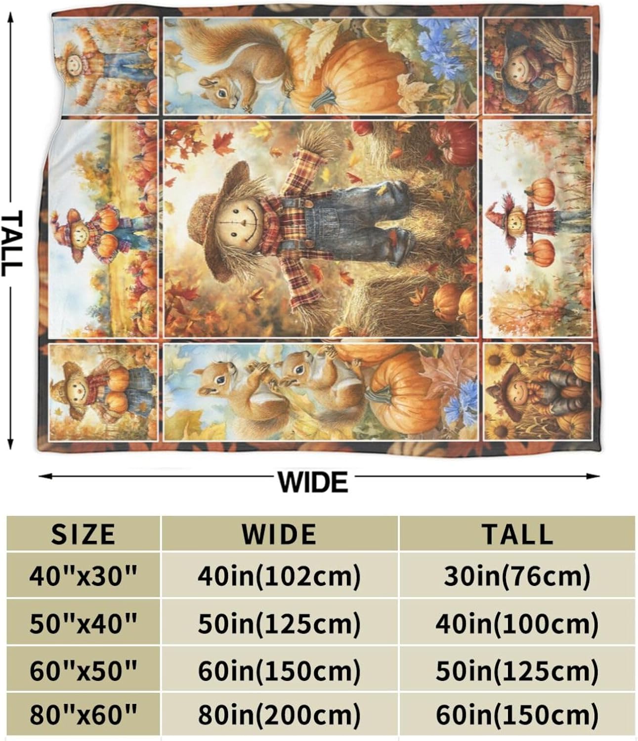 Fall Scarecrow Blanket Autumn Pumpkin Throw Blanket Squirrel Thanksgiving Flannel Stuff Merch Cozy Decor Fleece Soft Plush Fuzzy Warm Lightweight Bedding Gifts for Women Men Couch Soft 80"X60"