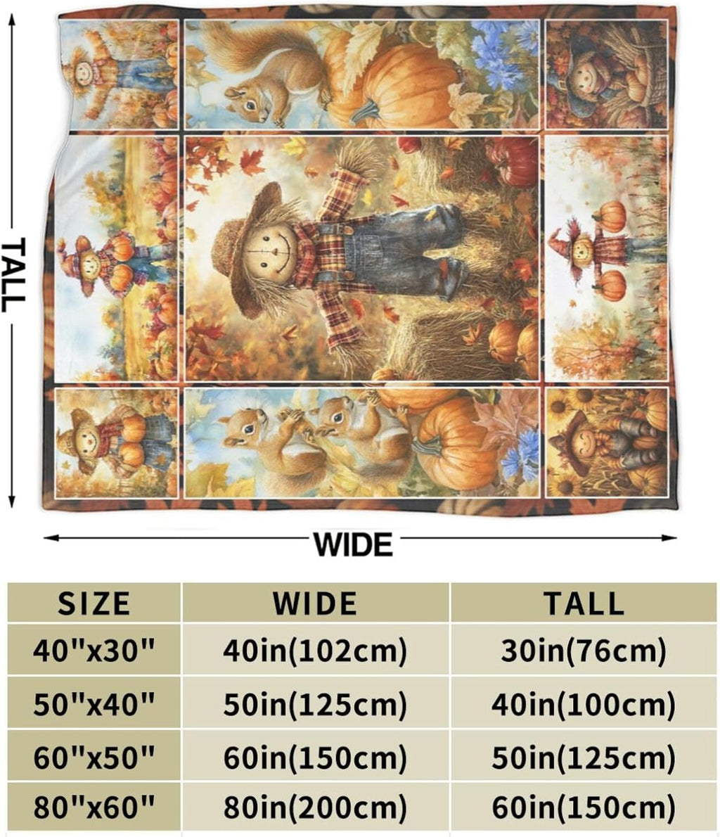 Fall Scarecrow Blanket Autumn Pumpkin Throw Blanket Squirrel Thanksgiving Flannel Stuff Merch Cozy Decor Fleece Soft Plush Fuzzy Warm Lightweight Bedding Gifts for Women Men Couch Soft 60"X50"