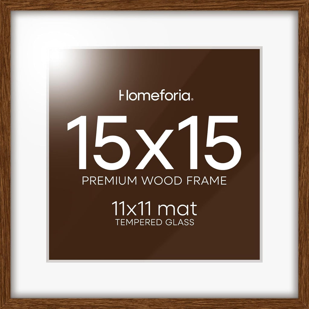 Homeforia 15x15 Picture Frame Brown, High End Dark Oak 15 x 15 Square Wood Frame with Mat 11 x 11 for Photo, 15by15 Wooden Walnut Poster Frame Matted to 11x11 Print, Tempered Glass, Wall Kit, Set of 1