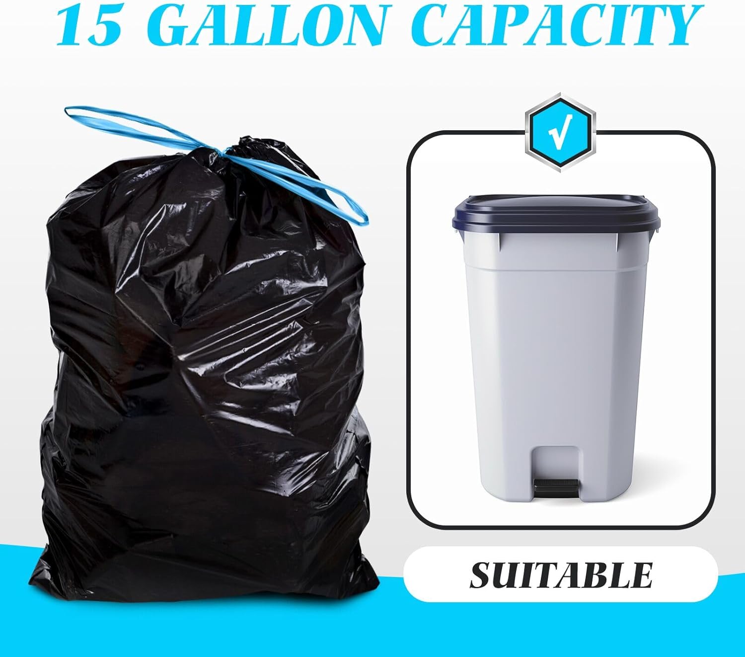 Teivio 15 Gallon 60 Counts Strong Tall Kitchen Drawstring Trash Bags, Medium Plastic Garbage Bags for Home Kitchen Garden Office Tall Trash Can, Black Waste Bin Liners