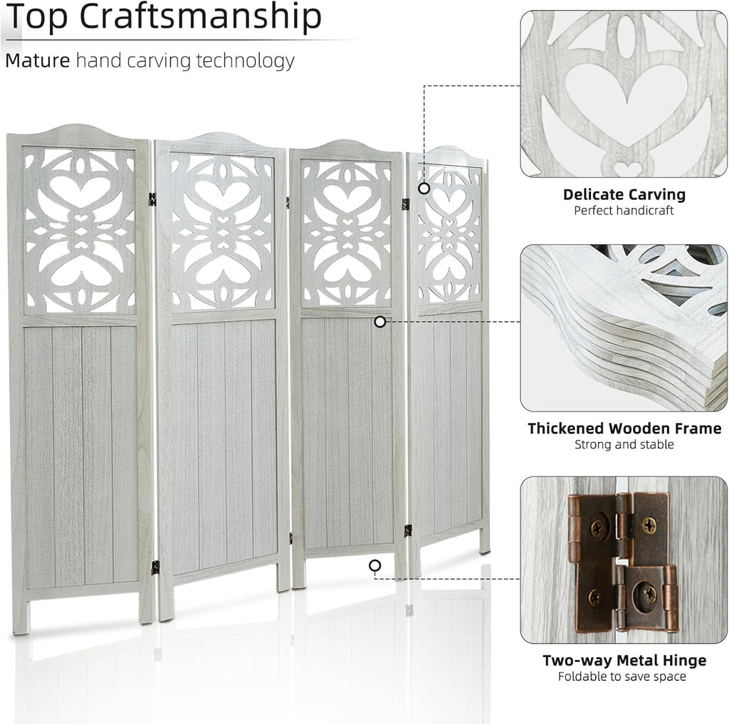 4 Panel Room Divider Panel, 5.6Ft Tall Room Divider Wall and Folding Privacy Screen, Carved Wall Divider Panel, Folding Portable Partition Screen, Divider for Room Separation - Light Gray