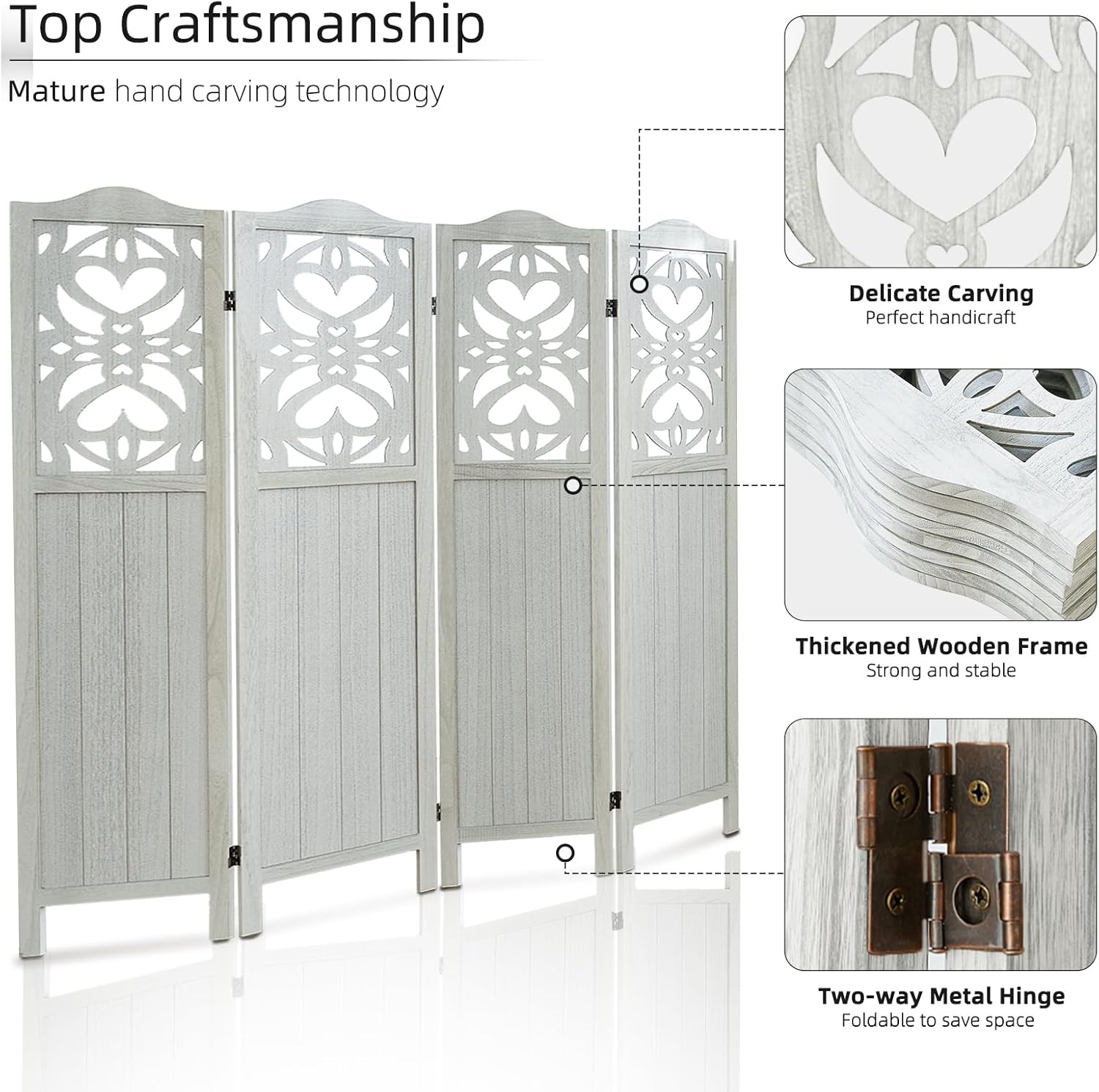 4 Panel Room Divider Panel, 5.6Ft Tall Room Divider Wall and Folding Privacy Screen, Carved Wall Divider Panel, Folding Portable Partition Screen, Divider for Room Separation - Light Gray