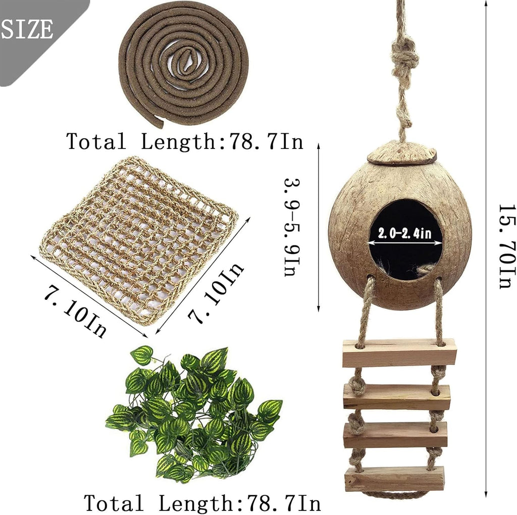 Lizard Coco Den with Ladder,Leopard Gecko Coconut Husk Hut Hideout Home Reptile Hammock Climbing Hanging Plants Decor Habitat Tank Accessories for Bearded Dragon Snake Chameleon