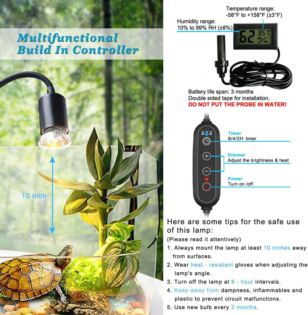 DOMICA Dimmable Reptile Heat Lamp with Timer + 75W UVA UVB Light Bulb, Basking Spot Light Simulated Sunlight, Heating Lamp for Turtle, Lizard, Snake, Beared Dragon, Amphibians