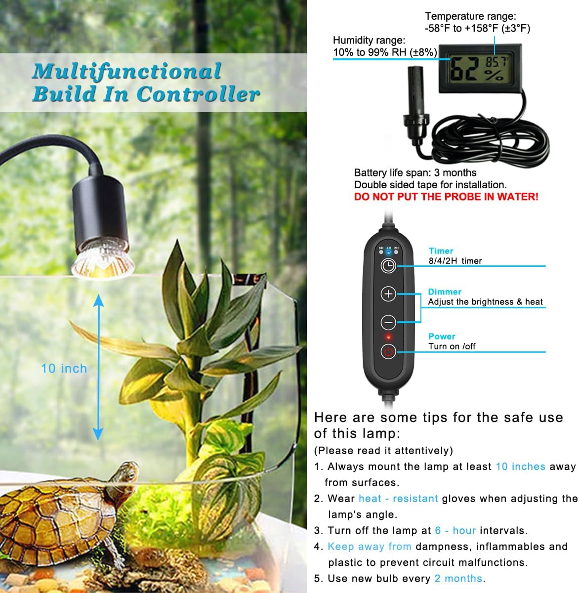 DOMICA Dimmable Reptile Heat Lamp with Timer + 75W UVA UVB Light Bulb, Basking Spot Light Simulated Sunlight, Heating Lamp for Turtle, Lizard, Snake, Beared Dragon, Amphibians